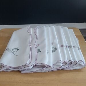 Set of Ten Vintage  Elegant White Floral Napkins Lilac Scalloped Edges